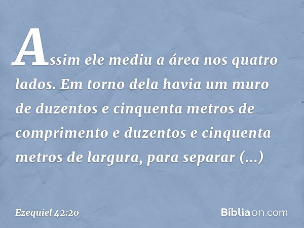 Assim ele mediu a área nos quatro lados. Em torno dela havia um muro de duzentos e cinquenta metros de comprimento e duzentos e cinquenta metros de largura, par