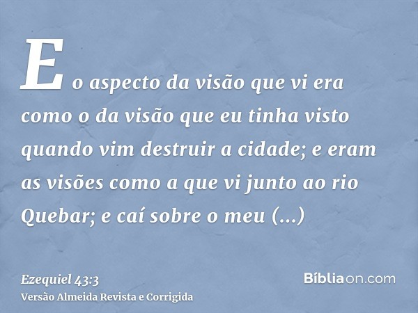 E o aspecto da visão que vi era como o da visão que eu tinha visto quando vim destruir a cidade; e eram as visões como a que vi junto ao rio Quebar; e caí sobre