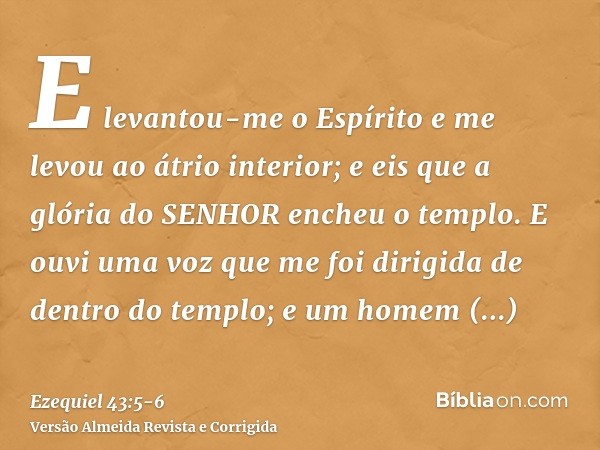 E levantou-me o Espírito e me levou ao átrio interior; e eis que a glória do SENHOR encheu o templo.E ouvi uma voz que me foi dirigida de dentro do templo; e um