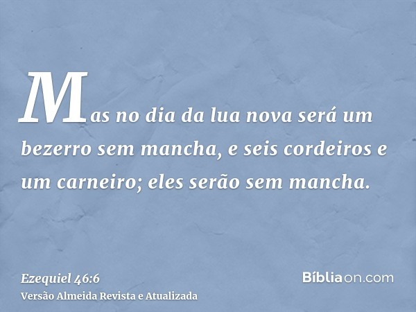 Mas no dia da lua nova será um bezerro sem mancha, e seis cordeiros e um carneiro; eles serão sem mancha.