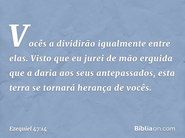 Vocês a dividirão igualmente entre elas. Visto que eu jurei de mão erguida que a daria aos seus antepassados, esta terra se tornará herança de vocês. -- Ezequie