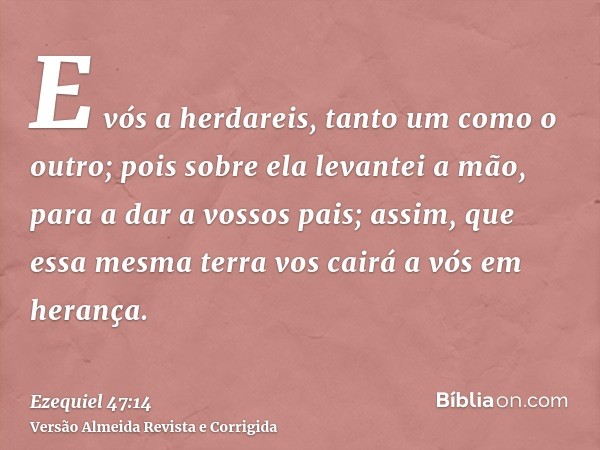 E vós a herdareis, tanto um como o outro; pois sobre ela levantei a mão, para a dar a vossos pais; assim, que essa mesma terra vos cairá a vós em herança.