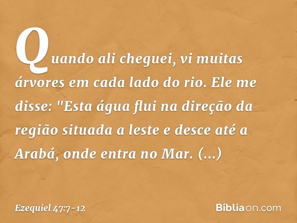 Quando ali cheguei, vi muitas árvores em cada lado do rio. Ele me disse: "Esta água flui na direção da região situada a leste e desce até a Arabá, onde entra no