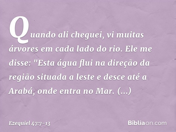 Quando ali cheguei, vi muitas árvores em cada lado do rio. Ele me disse: "Esta água flui na direção da região situada a leste e desce até a Arabá, onde entra no