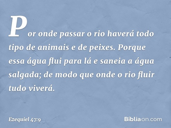 Por onde passar o rio haverá todo tipo de animais e de peixes. Porque essa água flui para lá e saneia a água salgada; de modo que onde o rio fluir tudo viverá. 