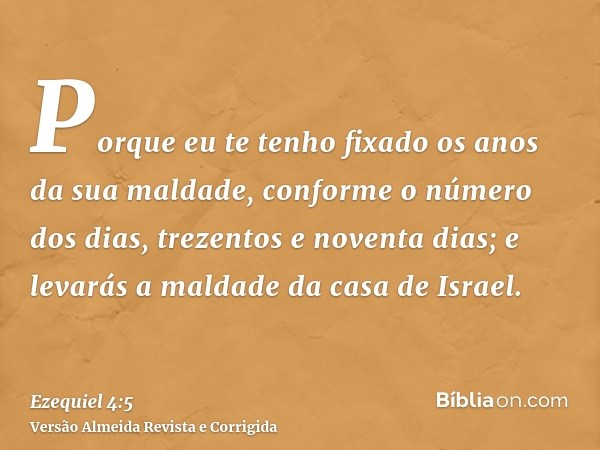 Porque eu te tenho fixado os anos da sua maldade, conforme o número dos dias, trezentos e noventa dias; e levarás a maldade da casa de Israel.