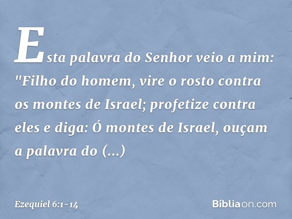 Esta palavra do Senhor veio a mim: "Fi­lho do homem, vire o rosto contra os montes de Israel; profetize contra eles e diga: Ó montes de Israel, ouçam a palavra 