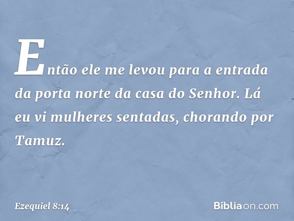 Então ele me levou para a entrada da porta norte da casa do Senhor. Lá eu vi mulheres sentadas, chorando por Tamuz. -- Ezequiel 8:14