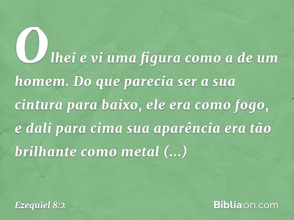 Olhei e vi uma figura como a de um homem. Do que parecia ser a sua cintura para baixo, ele era como fogo, e dali para cima sua aparência era tão brilhante como 