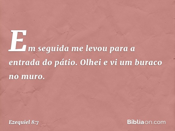 Em seguida me levou para a entrada do pátio. Olhei e vi um buraco no muro. -- Ezequiel 8:7