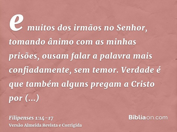 e muitos dos irmãos no Senhor, tomando ânimo com as minhas prisões, ousam falar a palavra mais confiadamente, sem temor.Verdade é que também alguns pregam a Cri