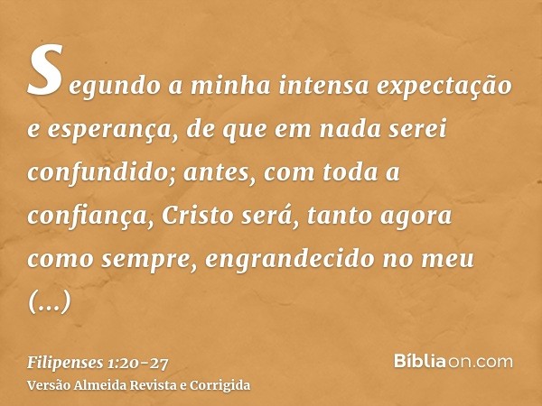 segundo a minha intensa expectação e esperança, de que em nada serei confundido; antes, com toda a confiança, Cristo será, tanto agora como sempre, engrandecido