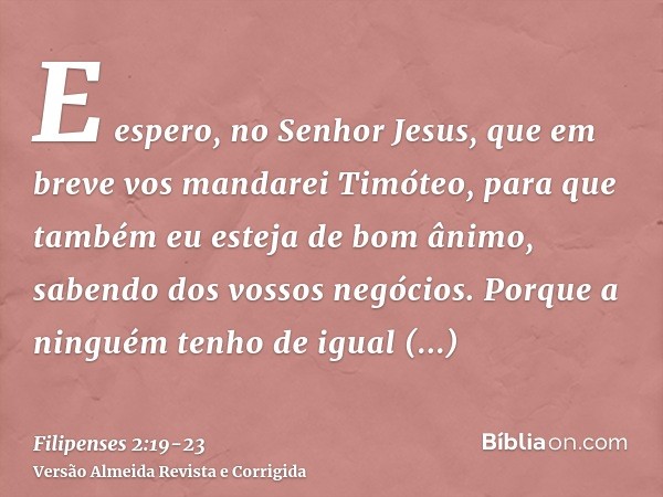 E espero, no Senhor Jesus, que em breve vos mandarei Timóteo, para que também eu esteja de bom ânimo, sabendo dos vossos negócios.Porque a ninguém tenho de igua