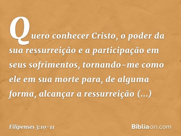 Quero conhecer Cristo, o poder da sua ressurreição e a participação em seus sofrimentos, tornando-me como ele em sua morte para, de alguma forma, alcançar a res