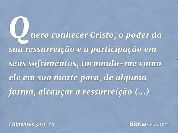 Quero conhecer Cristo, o poder da sua ressurreição e a participação em seus sofrimentos, tornando-me como ele em sua morte para, de alguma forma, alcançar a res