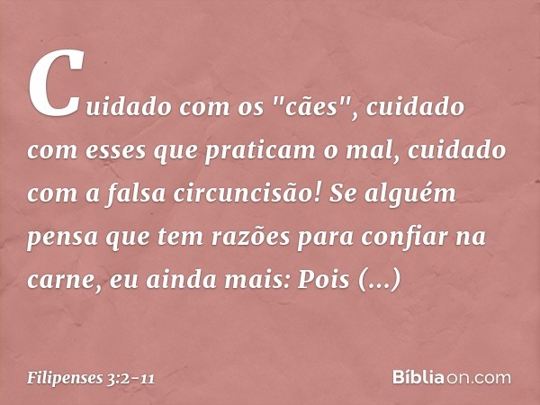 Cuidado com os "cães", cuidado com esses que praticam o mal, cuidado com a falsa circuncisão!
Se alguém pensa que tem razões para confiar na carne, eu ainda mai