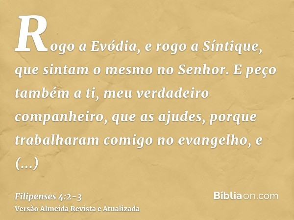 Rogo a Evódia, e rogo a Síntique, que sintam o mesmo no Senhor.E peço também a ti, meu verdadeiro companheiro, que as ajudes, porque trabalharam comigo no evang