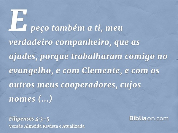 E peço também a ti, meu verdadeiro companheiro, que as ajudes, porque trabalharam comigo no evangelho, e com Clemente, e com os outros meus cooperadores, cujos 