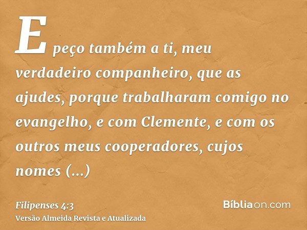 E peço também a ti, meu verdadeiro companheiro, que as ajudes, porque trabalharam comigo no evangelho, e com Clemente, e com os outros meus cooperadores, cujos 