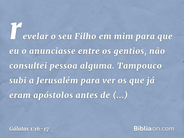 revelar o seu Filho em mim para que eu o anunciasse entre os gentios, não consultei pessoa alguma. Tampouco subi a Jerusalém para ver os que já eram apóstolos a