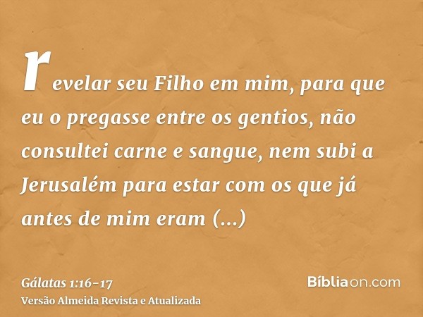 revelar seu Filho em mim, para que eu o pregasse entre os gentios, não consultei carne e sangue,nem subi a Jerusalém para estar com os que já antes de mim eram 