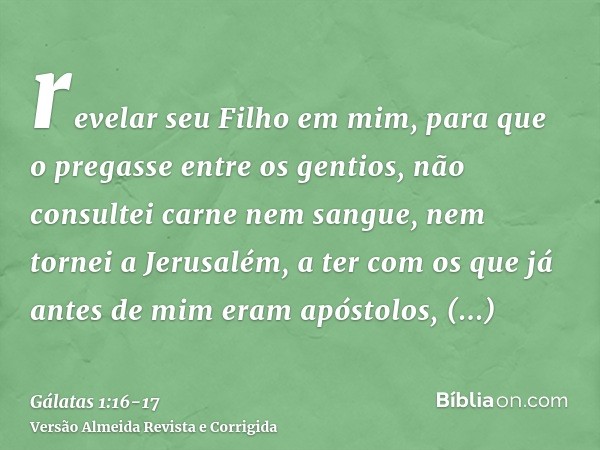 revelar seu Filho em mim, para que o pregasse entre os gentios, não consultei carne nem sangue,nem tornei a Jerusalém, a ter com os que já antes de mim eram apó