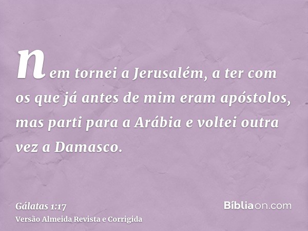 nem tornei a Jerusalém, a ter com os que já antes de mim eram apóstolos, mas parti para a Arábia e voltei outra vez a Damasco.