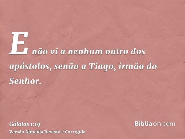 E não vi a nenhum outro dos apóstolos, senão a Tiago, irmão do Senhor.