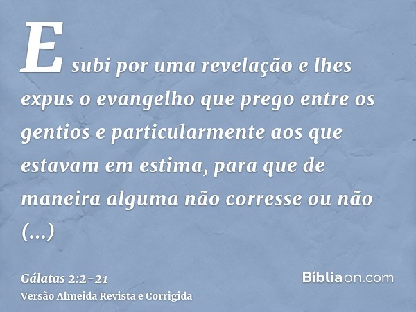 E subi por uma revelação e lhes expus o evangelho que prego entre os gentios e particularmente aos que estavam em estima, para que de maneira alguma não corress