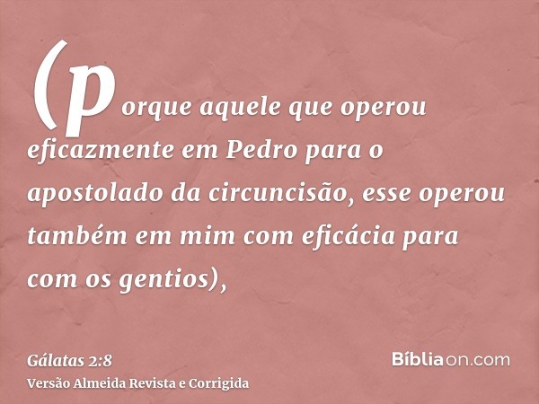 (porque aquele que operou eficazmente em Pedro para o apostolado da circuncisão, esse operou também em mim com eficácia para com os gentios),