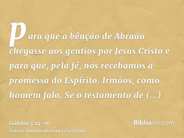 para que a bênção de Abraão chegasse aos gentios por Jesus Cristo e para que, pela fé, nós recebamos a promessa do Espírito.Irmãos, como homem falo. Se o testam