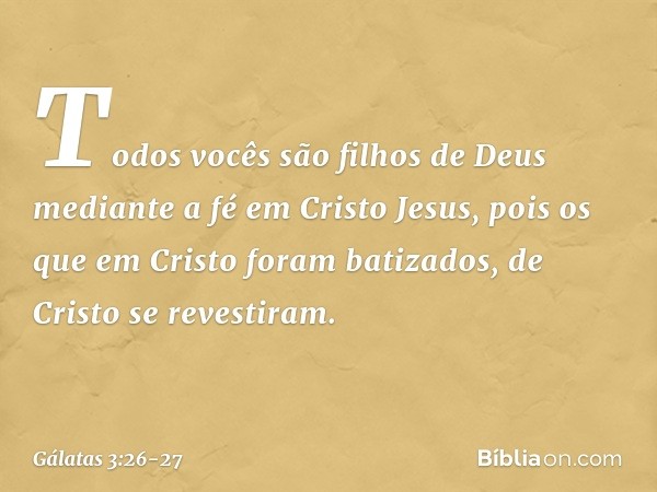 Todos vocês são filhos de Deus mediante a fé em Cristo Jesus, pois os que em Cristo foram batizados, de Cristo se revestiram. -- Gálatas 3:26-27