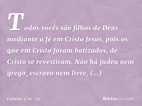 Todos vocês são filhos de Deus mediante a fé em Cristo Jesus, pois os que em Cristo foram batizados, de Cristo se revestiram. Não há judeu nem grego, escravo ne