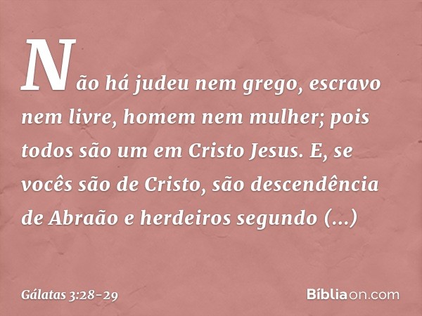 Não há judeu nem grego, escravo nem livre, homem nem mulher; pois todos são um em Cristo Jesus. E, se vocês são de Cristo, são descendência de Abraão e herdeiro