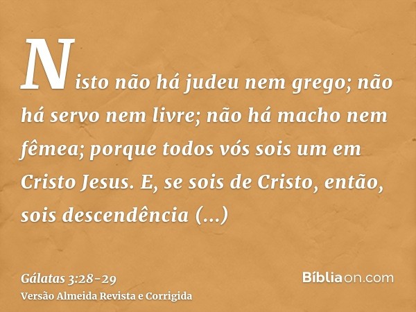 Nisto não há judeu nem grego; não há servo nem livre; não há macho nem fêmea; porque todos vós sois um em Cristo Jesus.E, se sois de Cristo, então, sois descend