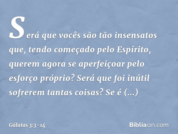 Será que vocês são tão insensatos que, tendo começado pelo Espírito, querem agora se aperfeiçoar pelo esforço próprio? Será que foi inútil sofrerem tantas coisa