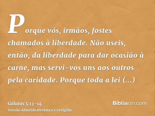 Porque vós, irmãos, fostes chamados à liberdade. Não useis, então, da liberdade para dar ocasião à carne, mas servi-vos uns aos outros pela caridade.Porque toda