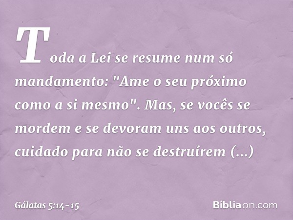 Toda a Lei se resume num só mandamento: "Ame o seu próximo como a si mesmo". Mas, se vocês se mordem e se devoram uns aos outros, cuidado para não se destruírem