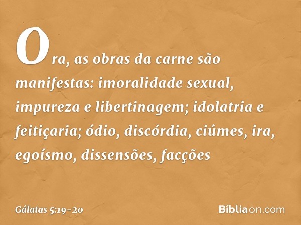 Ora, as obras da carne são manifestas: imoralidade sexual, impureza e libertinagem; idolatria e feitiçaria; ódio, discórdia, ciúmes, ira, egoísmo, dissensões, f