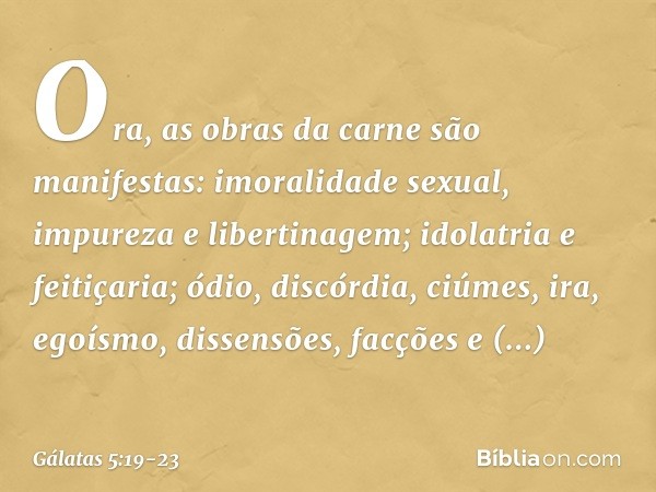 Ora, as obras da carne são manifestas: imoralidade sexual, impureza e libertinagem; idolatria e feitiçaria; ódio, discórdia, ciúmes, ira, egoísmo, dissensões, f