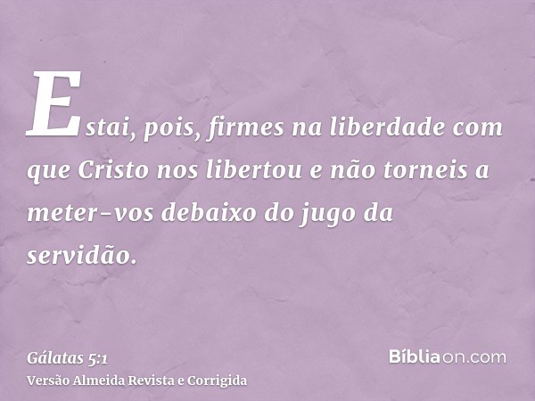 Estai, pois, firmes na liberdade com que Cristo nos libertou e não torneis a meter-vos debaixo do jugo da servidão.