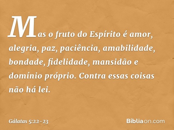 Mas o fruto do Espírito é amor, alegria, paz, paciência, amabilidade, bondade, fidelidade, mansidão e domínio próprio. Contra essas coisas não há lei. -- Gálata