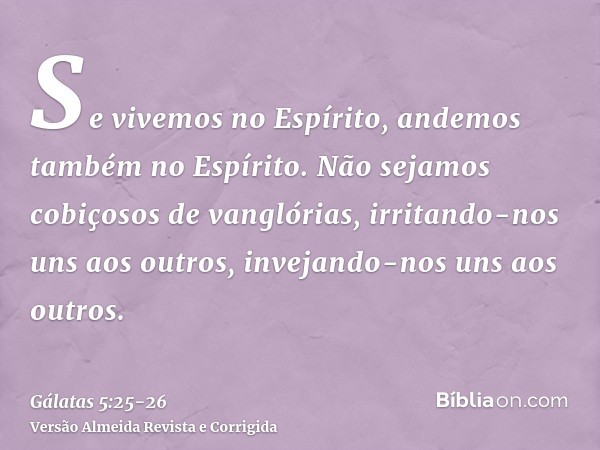 Se vivemos no Espírito, andemos também no Espírito.Não sejamos cobiçosos de vanglórias, irritando-nos uns aos outros, invejando-nos uns aos outros.