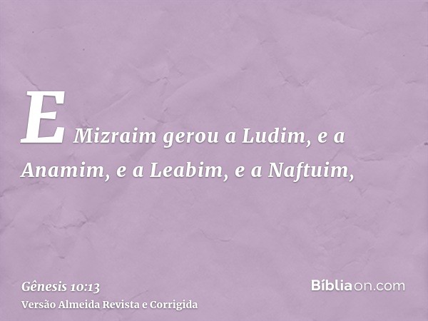 E Mizraim gerou a Ludim, e a Anamim, e a Leabim, e a Naftuim,