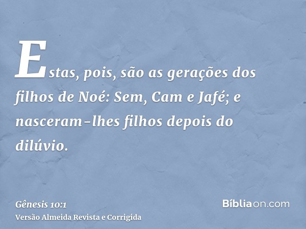 Estas, pois, são as gerações dos filhos de Noé: Sem, Cam e Jafé; e nasceram-lhes filhos depois do dilúvio.