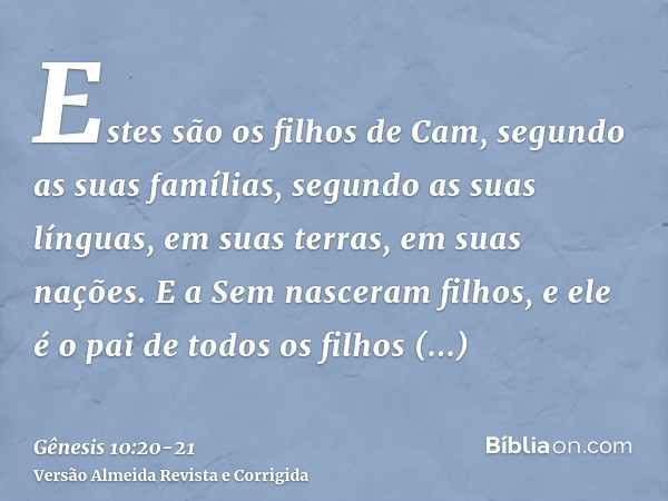 Estes são os filhos de Cam, segundo as suas famílias, segundo as suas línguas, em suas terras, em suas nações.E a Sem nasceram filhos, e ele é o pai de todos os