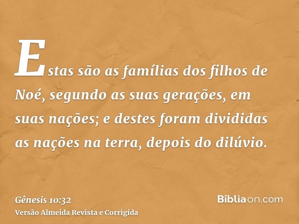 Estas são as famílias dos filhos de Noé, segundo as suas gerações, em suas nações; e destes foram divididas as nações na terra, depois do dilúvio.