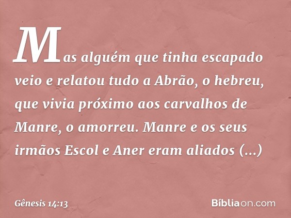 Mas alguém que tinha escapado veio e relatou tudo a Abrão, o hebreu, que vivia próximo aos carvalhos de Manre, o amorreu. Manre e os seus irmãos Escol e Aner er