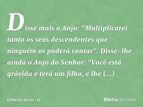 Disse mais o Anjo: "Multiplicarei tanto os seus descendentes que ninguém os poderá contar". Disse-lhe ainda o Anjo do Senhor:
"Você está grávida e terá um filho
