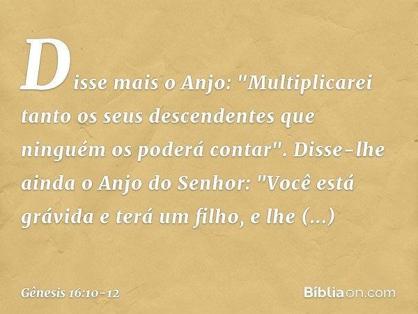 Disse mais o Anjo: "Multiplicarei tanto os seus descendentes que ninguém os poderá contar". Disse-lhe ainda o Anjo do Senhor:
"Você está grávida e terá um filho